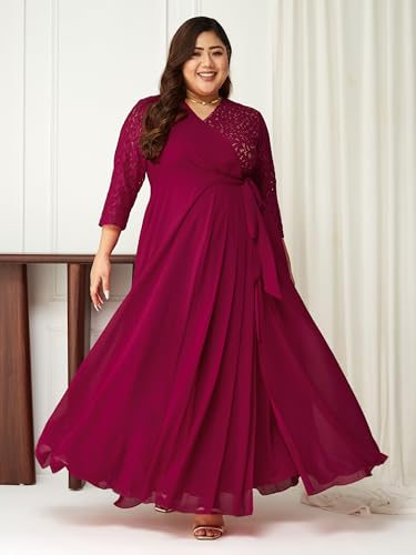 Miss Chase A+ Women's V-Neck Three-Quarter Sleeve Self-Designed Wrap Maxi Dress (APSS21D14-67-465-08, Mulberry Pink, 3XL)