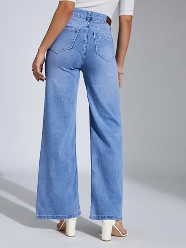 Miss Chase Women's Wide-Leg High-Rise Regular-Length Stretchable Shaping Denim Jeans (MCAW25DEN62-54-350-28, Baby Blue, 28)