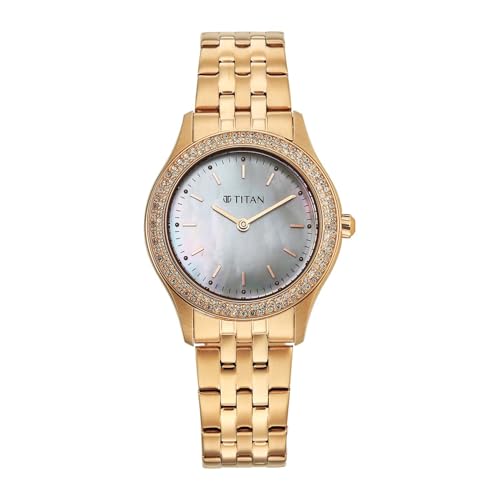 Titan Glamour Quartz Analog White Mother of Pearl Dial Rose Gold Stainless Steel Strap Watch for Women