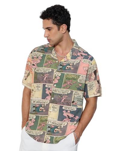 The Souled Store Pink Panther: Comics Men and Boys Short Sleeves Collared Neck Button Front Multicolor All Over Printed Viscose Oversized Shirts