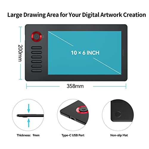 VEIKK A15PRO Graphic Drawing Pen Tablet 10 * 6 inch with 12 Hotkeys and a Quick Dial Support Windows, Mac, Linux, Tilt Pressure (8192 Level Pressure Battery -Free Stylus) (Red)