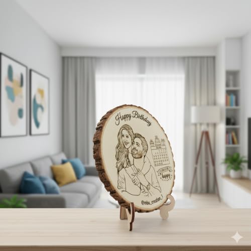 Natural Wooden Slice Photo Frame | 6 Inch Custom Photo Gift Item | Laser Engraved Natural Wood Slice with Stand | Handmade Personalized Gift for Pre-wedding Ceremony