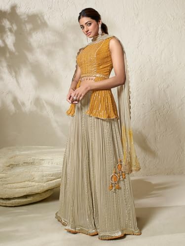 Woman's Stunning beige and yellow lehenga choli