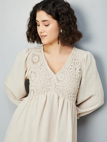 Max Women's Polyester A-Line Midi Dress (DTI3604_Beige