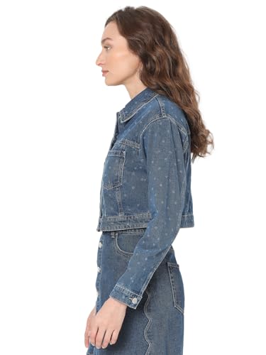 VERO MODA Women Solid Blue Cotton Regular Fit Crop Length Denim Jacket