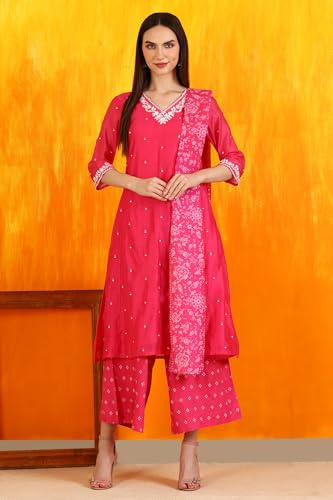 W for Woman Pink Embroidered Chanderi Panelled Kurta, Cropped Pants and Dupatta Set (Size: L)-WS12729-223576