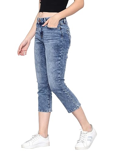 HAPPENING Plus Size Women -Curvy Slim Fit Stretch Denim Capri/Cropped Jeans- MID Rise -Above Ankle-Faded Mid Blue- Waist Size 30(M) to 48(8XL) inch (in, Numeric, 42, Faded Mid Blue)