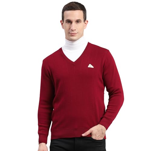Monte Carlo Maroon Solid V Neck Sweater | Warm Woolen Pullover for Men | Soft Comfortable Knitted Winter Wear Sweater for Men's