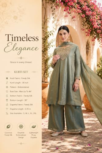 Women's Sage Green Fandy Silk Kurta Palazzo Set With Dupatta