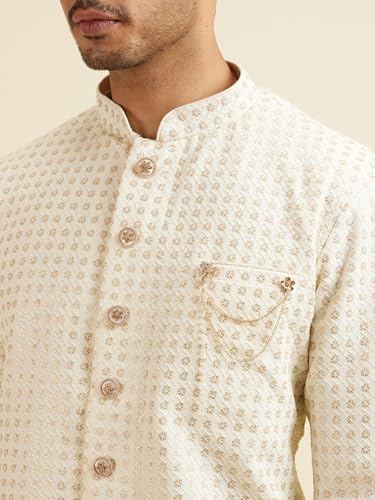 Manyavar Men's Georgette Chikankari Sequins Kurta Set (Cream,XXL)