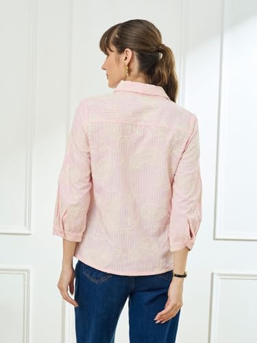 Latin Quarters Women's Pink 3/4th Sleeves Lapel Collar Casual Embroidery Shirt_M
