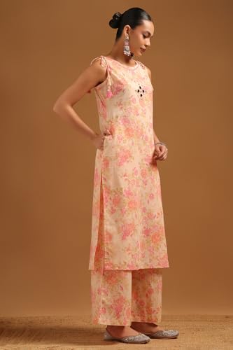 Soch Womens Peach Cotton Floral Co-Ords Set With Mirror Work