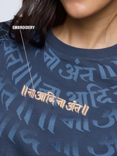 The Souled Store Desi Drop: Na Aadi Na Ant: Women and Girls Short Sleeve Round Neck Navy Blue Graphic Printed Cotton Breathable Streetwear Casual College Oversized T-Shirts