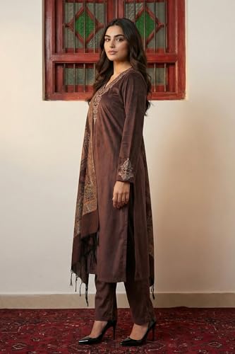 W for Woman Brown Embroidered Zari Work Straight Kurta with Pant and Dupatta Set - (WS13435-224206-XS)