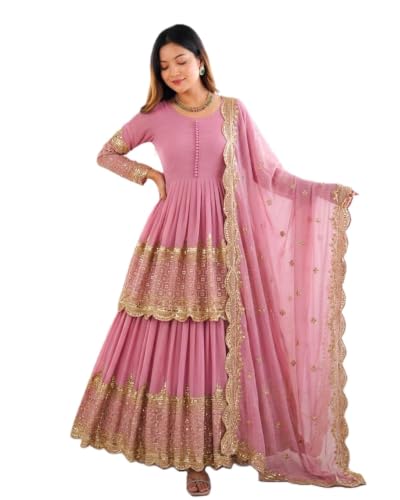 Women's Pink Georgette Tiered Anarkali Gown with Dupatta | Women's Pink Georgette Tiered Anarkali Gown with Dupatta