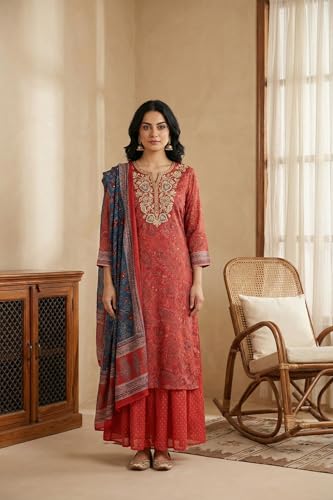 W for Woman Red Zari Embroidered Paisley Printed Chanderi Straight Kurta with Sharara and Dupatta Set - (WS14006-127292-L)