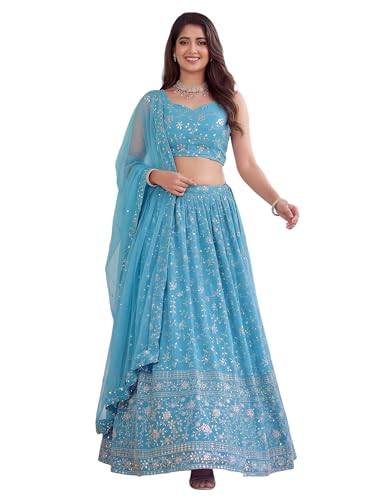 Zeel Clothing Women's Zari and Sequins Embroidered Georgette Lehenga Choli With Dupatta (5058-SkyBlue-Women-Latest-Lehenga-Choli, Free size)