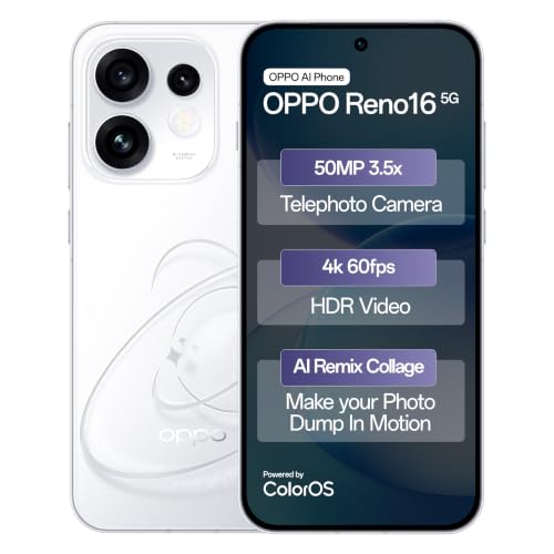 Oppo Reno16 5G (Starry White, 8GB, 256GB) | 3D Design | 50MP 3.5X Telephoto Camera | 4K 60fps HDR Video | AI Remix Collage | Snapdragon 7 Gen 4 | 6700mAh 80W SUPERVOOC | ColorOS 16 | IP69K