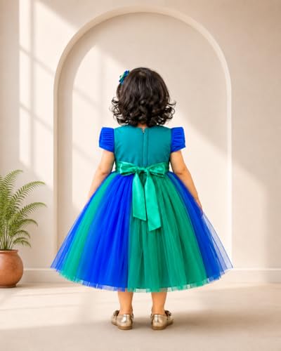 Stanwells Kids Baby Girl Peacock Blue Net Frock Birthday Kids Dress for Girls Short Sleeve Flared Knee Length 2-3 Years