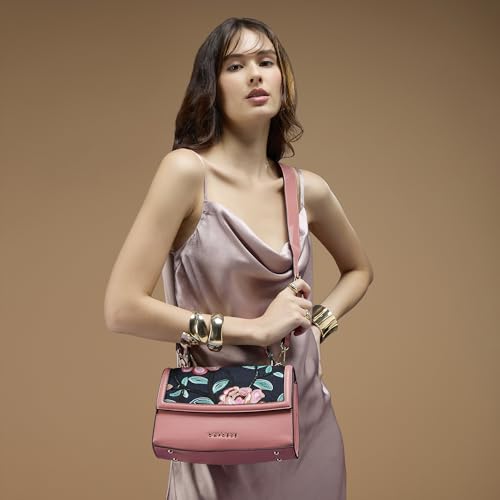 Caprese Elsa Medium Sling Bag for Women with Adjustable & Detachable Strap | Embroidered & Solid Faux Leather Crossbody Purse | Multi-Compartment Handheld Bag for Special Occasions (Cosmetic Pink)