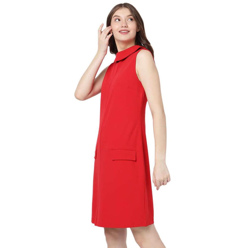 VERO Moda Solid Polyester Turtle Neck Women's Knee Length Dress (RED, XS)