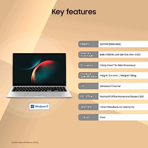 Samsung Galaxy Book3 Core i5 13th Gen 1335U - (8 GB/512 GB SSD/Windows 11 Home) Galaxy Book3 Thin and Light Laptop (15.6 Inch, Silver, 1.58 Kg, with MS Office)