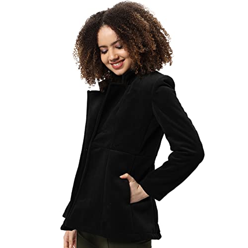 Campus Sutra Women Black Solid Regular Fit Blazer for Winter Wear | Collared Neck | Full Sleeve | Buttoned | Casual Jacket for Woman & Girl | Western Stylish Jacket for Women