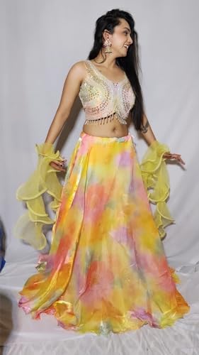 Designer Tie-Dye Lehenga Choli Set, Multicolour Organza, 3-Piece with Free Size Blouse and Dupatta