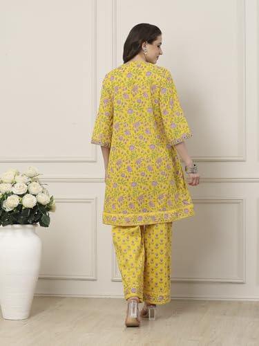 BIBA Women Yellow Cotton Kalidar Suit Set_32