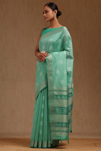 Soch Womens Turquoise Blue Tussar Woven Design Saree