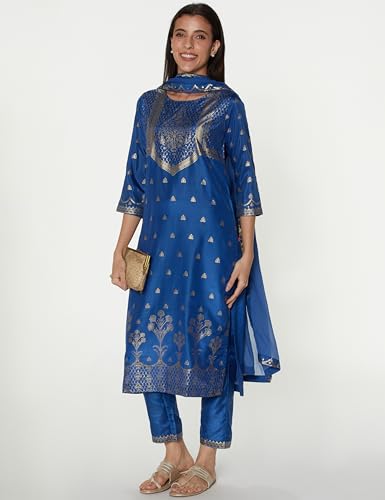 BIBA Women's Polyester Printed Narrow Salwar Kurta Dupatta (Skdassorted7666E_Blue_34)