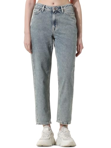 ONLY Women Washed Cotton Straight Fit High Rise Blue Jeans