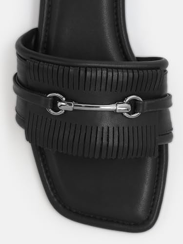 Kenneth Cole Women's Flat Slide Sandal | Premium Synthetic Upper | Ladies Open-Toe Slip-On, Cushioned Footbed | Distinctively Sculpted Vamp Strap, Gleaming Metallic Accent | Sophisticated, Effortless Contemporary Chic & Lasting Comfort | Black, EU37