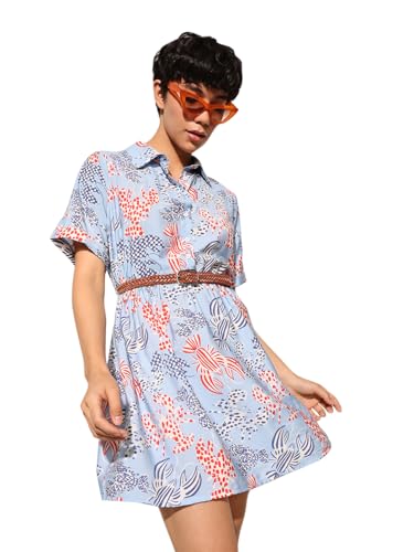 ONLY Women Fit and Flare Blue Dress with Belt