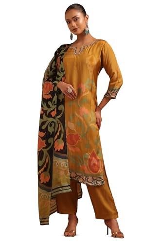 Soch Womens Mustard Crepe Botanical Salwar Suit With Mirror & Cutdana