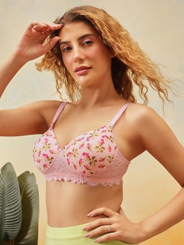 Clovia Women's Padded Non-Wired Full Coverage Floral Print Multiway T-Shirt Bra (BR1806D22_Pink_34D)