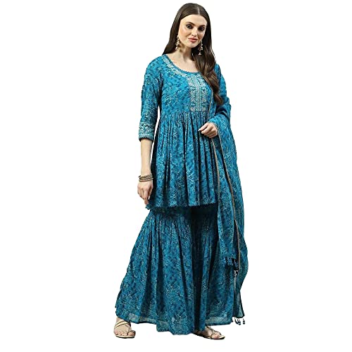 BIBA WOMEN PRINTED RELAXED SALWAR KURTA DUPATTA(SKDASSORTED8419_TEAL BLUE_40)