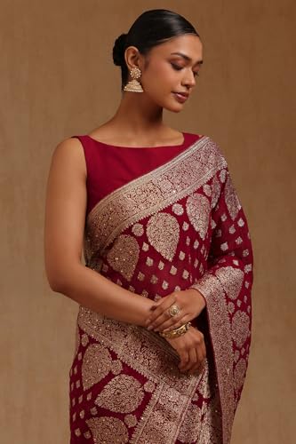 Soch Womens Fuchsia Georgette Embroidered Saree With Stone Work
