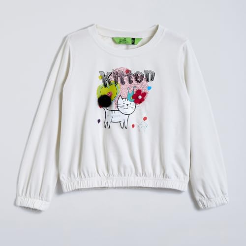 Hopscotch Girls White Full Sleeves 2-Pc Cat Jogger Set For Age (8-9 Years)
