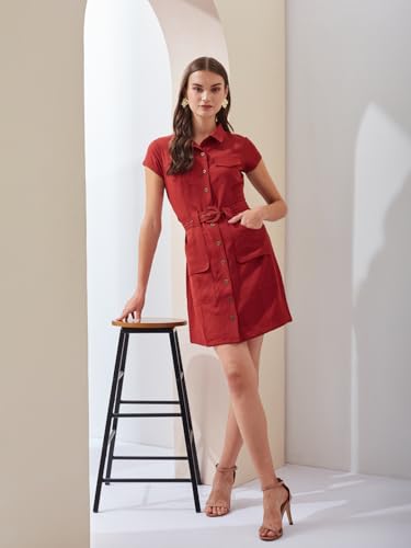 Latin Quarters Women's Rust Short Sleeves Collared Solid Casual Mini Dress_XL