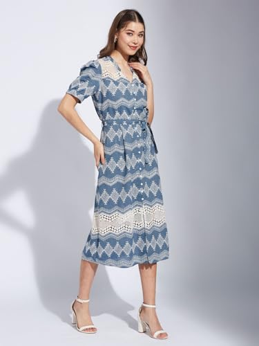 Latin Quarters Women's Blue V-Neck Half Sleeves Embroidery Casual Shirt Dress_XL