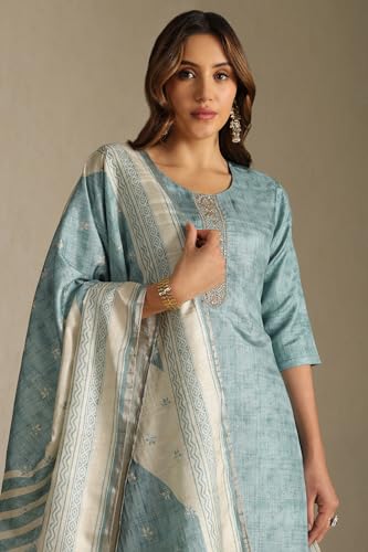 Soch Womens Turquoise Blue Silk Blend Solid Suit Set With Zardozi