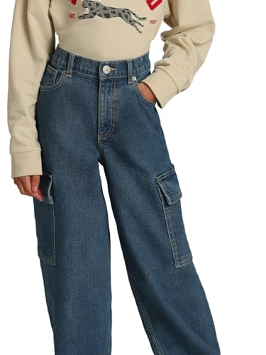 VERO MODA Girl's Solid Wide Leg High Rise Blue Jeans