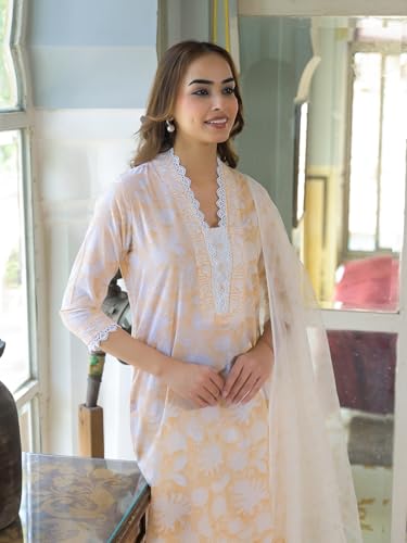 Divena Peach Block Print Cotton Straight Kurta Pant with Dupatta