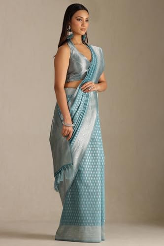 Soch Womens Turquoise Blue Tussar Woven Design Saree