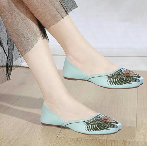 CatBird Women’s Embroidered Ethnic Jutti with Leaf Motif | Soft Cushioned Slip-On Mojari | Lightweight Traditional Flats for Casual 5 UK Mint Green