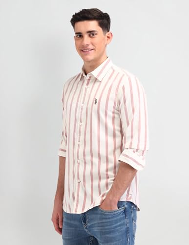 U.S. POLO ASSN. DENIM CO. Vertical Striped Slim Fit Cotton Shirt (UDSHT1388_Rust_40)