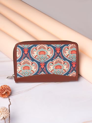 ZOUK Women's Handmade Vegan Leather Wallets and Jute Purse for Ladies - Clutch with Indian Print - Wallets for Mobile Phones