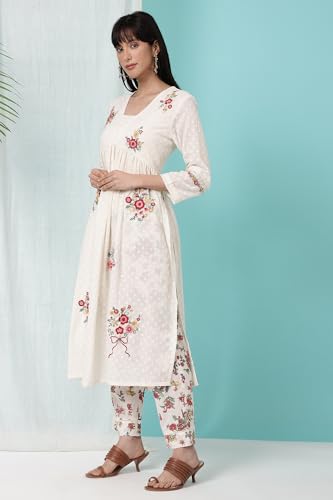 W for Woman White Floral Printed Textured Cotton Gathered Kurta, Pants and Dupatta Set (Size: 2XL)-WS11620-222350