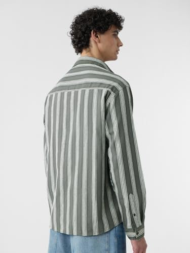The Souled Store Textured Stripes: Grey Men and Boys Long Sleeves Collared Neck Button Front Cotton Relaxed Shirts